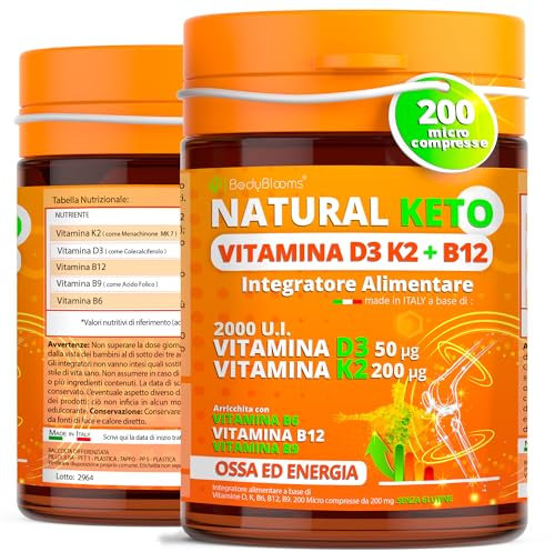 Vitamina d3 k2 2000UI - 200 Micro Compresse vit d3 k2 Arricchite con B12 e Acido folico. Supporto completo per ossa, muscoli ed energia - Integratore di Vitamina D senza glutine. Made in Italy