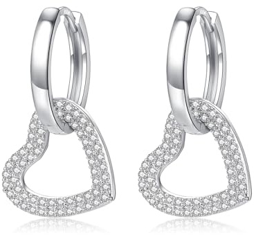 Ohrringe Silber 925 - Doppelter Herz Hängend Mit Zirkonia, Creolen Mit Herz Anhänger für Damen Mädchen