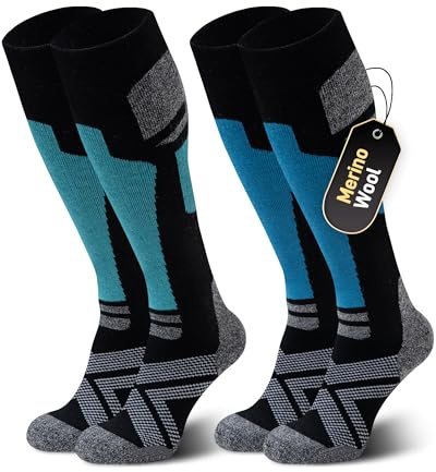 Niorasen Merino Wool Ski Socks Men Unisex, 2 Pairs Thermal Knee-High Socks for Winter, Full Cushion Thick Socks, Skiing, Snowboarding, Outdoor Sports, Hunting, Hiking, Green/Light Blue 2 Pairs, UK 3-8