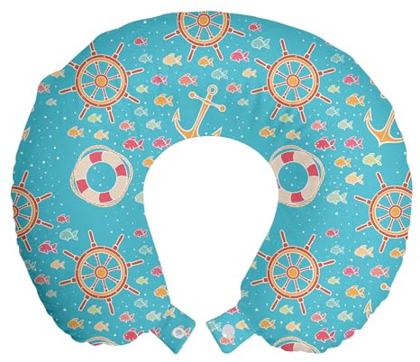 ABAKUHAUS Marítimo Cojín de Viaje para Soporte de Cuello, Elementos Marinos Colorido, de Espuma con Memoria para Avión y Auto, 2er Pack - 30x30 cm, Azul Cielo