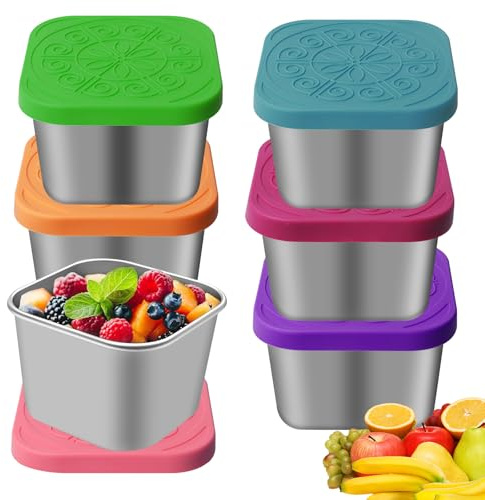 WANDGU 180ml Contenitori per Condimenti per Insalata: 6 Pezzi Tazze per Salsa in Acciaio Inossidabi con Coperchio in Silicone, Piccolo Contenitore Portatile Riutilizzabile per Salse, Snack, Insalata
