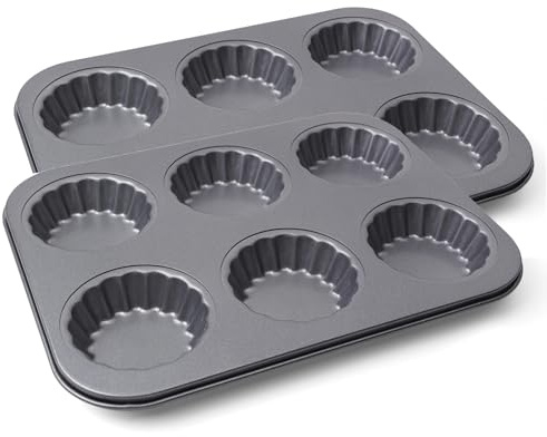 Sinsanye 2 Pack Mini Tart Pan, 2.75 Egg Tart Molds 6-Cavity Non Stick Fluted Mini Tart Mould, Reusable Quiche Bakeware Carbon Steel for Pies, Quiche, Cheese Cakes, Desserts(Not Included Cutting Mold)