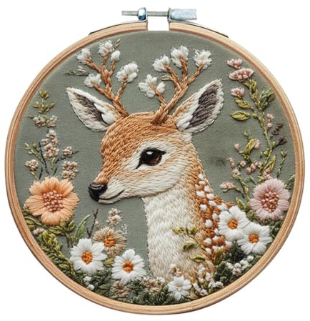 Meecaa Hirsch Blume Tiere Stickset Starter-Set, Handstickset, Muster Bedrucktes Kreuzstich-Set für Anfänger Erwachsene, mit Stickring und Anleitung (Hersch 1)