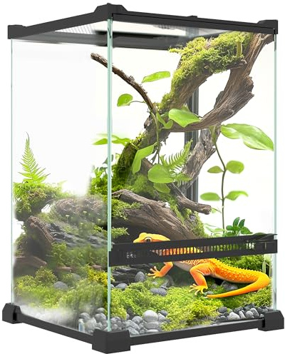 PawHut Terrario in Vetro per Rettili Vivarium 12 L Allevamento di Rettili con Coperchio in Rete Metallica per Rane, Serpenti, Tartarughe, 20 x 20 x 30 cm, Nero