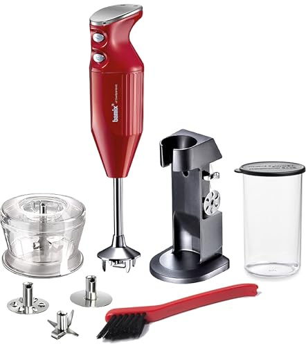 bamix Set mixeur plongeant M200 Chef’s favorite avec support, récipient, 3 embouts, hachoir, brosse de nettoyage, 200 W, Fabriqué en Suisse, Rouge métallisé/chrome