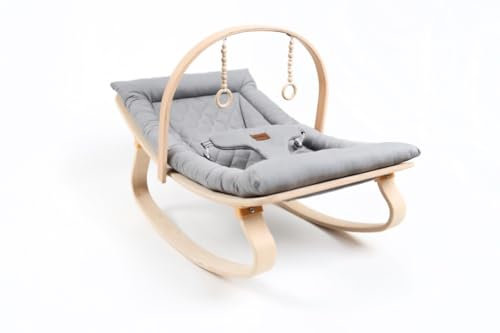 Babywippe aus 100% Buche – Hochwertige Baby Schaukel mit Spielbogen, Sicherheitsgurt & weichem Kissen – Stilvolles Babywippen Design für Neugeborene & Kleinkinder (Grau)