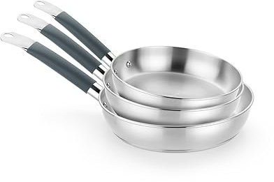 BRA Master - Set di padelle 20-24-28 cm, in acciaio inossidabile, senza antiaderente, senza PFOA, Full Induction, adatto a tutti i tipi di cucina, manico in acciaio inox rivestito in silicone