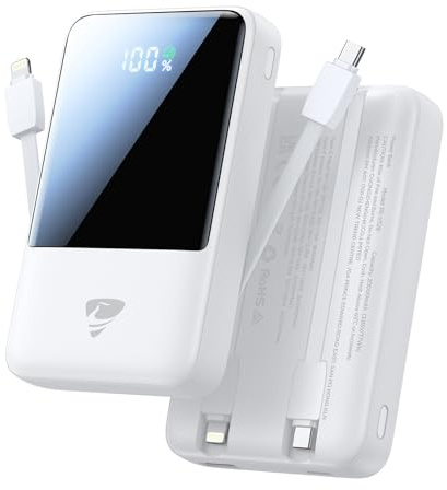 Batterie Externe 20000mAh Mini Ultra-Légère, Powerbank 22.5W PD avec 2 Câbles Intégrés (Type-C + Lightning) & Entrées USB-A/USB-C, Batterie Portable Compacte pour iPhone 17/16/15/14, Samsung Galaxy