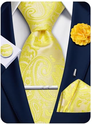 Ailisus Krawatten für Herren, Paisleymuster, Krawatte und Einstecktuch, Manschettenknöpfe, Anstecknadel, Krawattenklammer, Set, Hochzeit, formell, 5 Stück, gelb, Einheitsgröße