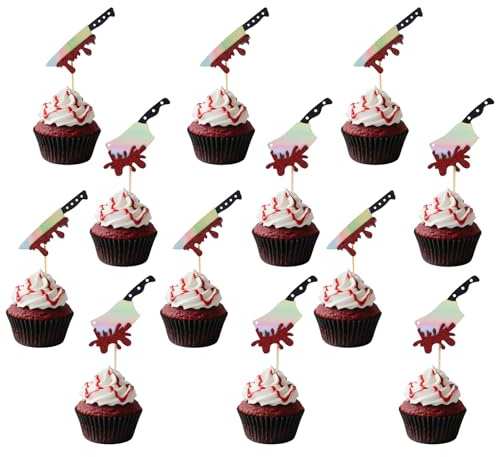 24pce Décorations Cupcakes Halloween, Piques à Gâteau à Paillettes Motif Horreur Couteaux Sanglants Décorations pour Cupcakes sur Thème de l'Horreur pour Fêtes d'Halloween et Anniversaires