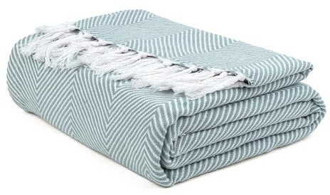 EHC Herringbone Twill Throw, Handwoven Cotton Throws for Sofas Bed Sofa Settee Couch Reversible Bed Cover Over Blanket, Single 127 x 152cm, Ivory/Blue
