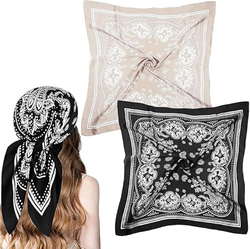 HECHKJ 2 Stück Quadratische Schals, 70 × 70 cm Schal aus Imitierter Seide, Blau und Braun Bandana Damen, 2 Verschiedene Designs Seidentuch, für Hals, Kopf und Kleidung