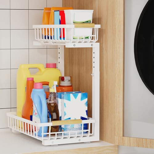 Küchenschrank Organizer 2 Ebenen, ausziehbarer Spülenschrank Einsatz Weiß | Küchen Organizer,Höhenverstellbar 35.5~43cm,für Waschbecken in Küche/Bad,Metall,under sink organizer