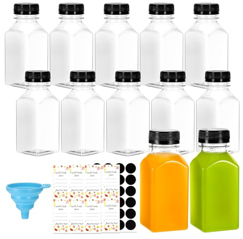 Hejo 12 Piezas Botellas de Jugo, 250 ML Botellas de Plástico Reutilizables con Tapa, Botella de Chupito Transparentes, Botella Vacías con Etiquetas para Jugo Salsa Leche (Tapa Negra)
