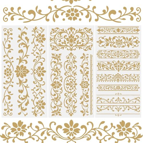 WANDIC 3 Bögen Golden Rub on Sticker, Vintage Randmuster Möbel Aufkleber, Europäischer Stil, Wasserdicht, Junk Journal Handarbeiten Dekor für Fotoalbum und Scrapbook, 15x30cm