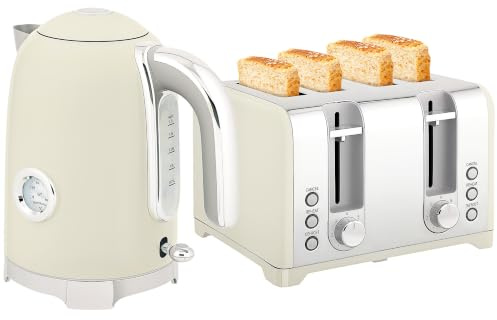 HOMCOM Retro Kettle and Toaster Set with Jug Kettle & 4 Slice Toaster Grey | Temp Display, 1.7L 3000W Rapid Boil Stainless Steel, Thermostat Limescale Filter, 7 Browning Controls, Crumb Tray