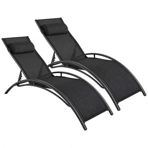 Set 2 Lettini Prendisole Reclinabili Da Giardino Con Schienale Regolabile 5 Posizioni In Textilene Traspirante Per Piscina Terrazza Relax Outdoor 59 x 158 x 81.5 Cm Nero