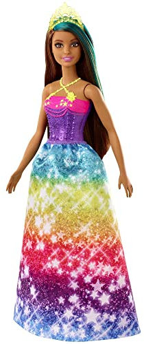 Barbie GJK14 -Dreamtopia Prinzessinnen-Puppe, ca. 30 cm groß, brünett mit türkis gesträhnter Haarpartie, mit Regenbogen-Rock und Diadem, Spielzeug Geschenk für Kinder im Alter von 3–7 Jahren