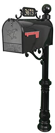 Addresses of Distinction Corinthia Mailbox with Post Combo – Black Aluminum Decorative Mailbox – Includes Address Plaque, House Numbers, Ball Finial, & Hardware (Large)