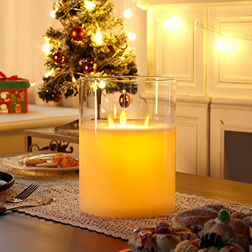 JHY DESIGN 3 Dochte Flammenlose Glas Kerze, Glaszylinder LED Kerze mit 6-Stunden Timer-Funktion Elektrische Kerzen Batterie Tischkerze für Deko Tisch Wohnzimmer Schlafzimmer Garten(Weiß, Groß)