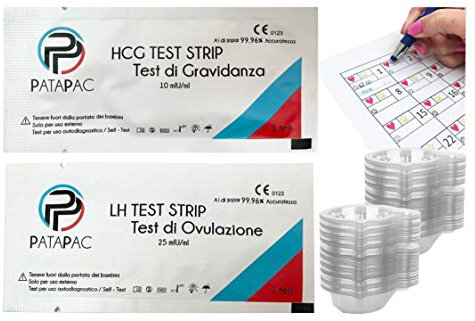 PataPac 20 Test Ovulazione Canadesi 25 mIu/ml + 3 Test beta Hcg di Gravidanza 10 mIu/ml + 20 Bicchierini per urina e calendario per monitorare ciclo e ovulazione