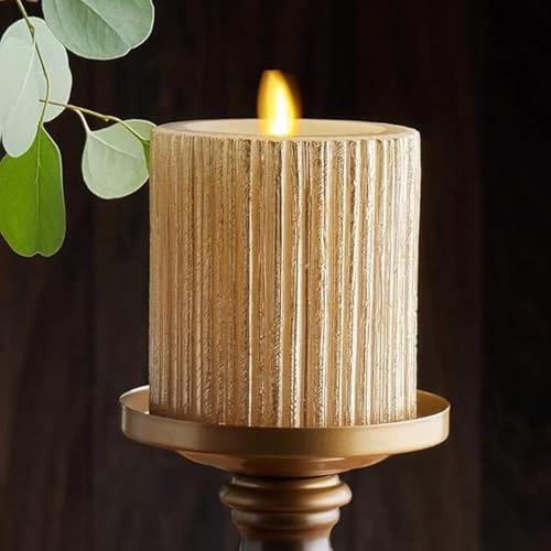 Luminara Metallic Embossed Pillar, Champagne Flameless LED Candle 3.25 x 4.5, Battery Operated Real Flame Technology w/Timer Function, Paraffin Wax