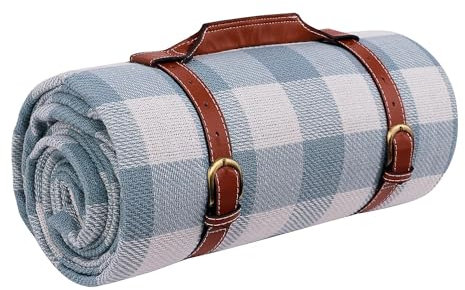 Goodsnetic Picknickfilt, 183 cm x 185 cm överdimensionerad picknickmatta, vattentät sandtät strandfilt för 6-8 vuxna, stor och tjock Gingham-picknickfilt för familj utomhus campingfester, ljusblå och