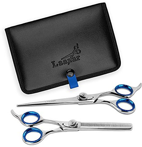 Laazar Fellpflegeset für Haustiere, 17,8 cm, gerade Fellschere und 16,5 cm Effilierschere mit 42 Zähnen, professionelles Hundescheren-Set, Verwendung als Katzen- und Hundeschere