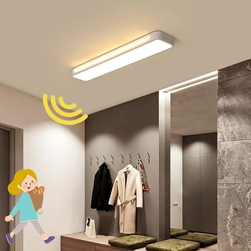 KZT Lámpara de Techo Rectangular con Detector de Movimiento Moderna Plafón LED con sensor de movimiento para pasillo balcón cocina garaje sótano escaleras 3000K blanco calida (58cm)
