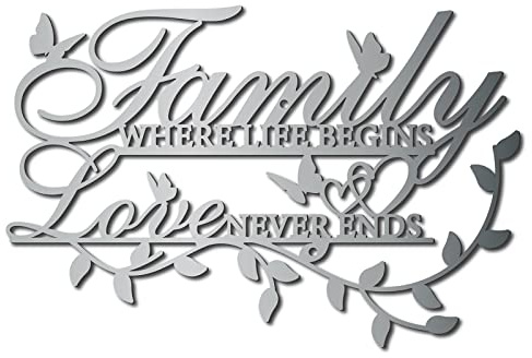 CREATCABIN Family Where Life Begins Love Never Ends Word Sign Metal Wall Decor Home Family Wall Art Decorations for Living Room Bedroom Kitchen Indoor Outdoor Garden 11.8 x 7.9 Inch Silver