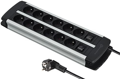 Electraline 35447 ALU-Line - Regleta de enchufes (12 enchufes con Cuerpo de Aluminio, Cables H05VV-F 3G1,5 mm, 2 interruptores (1 x 6 enchufes), con protección contra sobrecargas