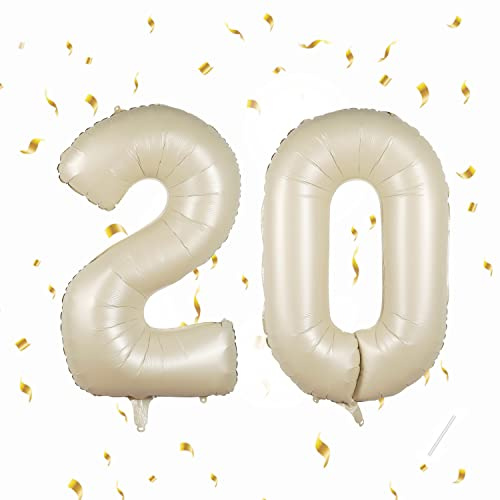 Globos de 20 cumpleaños,Beige 40 pulgadas Globo número, 20 decoraciones de Globo número cumpleaños para hombre y mujer, Globo inflable de lámina de oro 20.