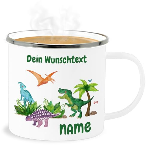Emaille Becher Blechbecher - Tiere - Dino Dinos Dinosaurier - 300 ml - Weiß Silber - tasse bruchsicher kinder mug kindergarten personalisierte geschenke trex tassen dinotasse child tier name