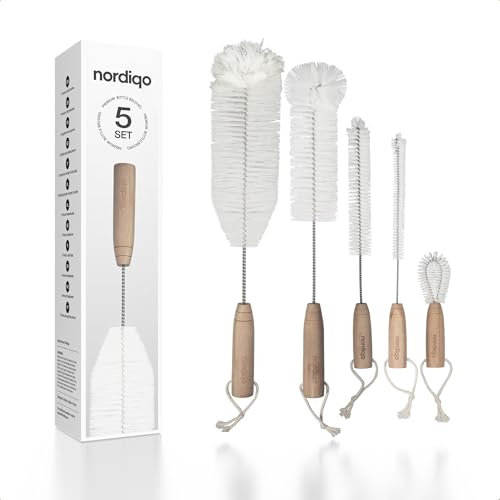 Nordiqo - 5er Set Premium Flaschenbürsten - 42.5 cm (bis zu) Extra Lange Reinigungsbürsten : Dünn & Weithals, Deckel, Rohr | Bürsten kompatibel mit Sodastream, Aarke, Thermos, Baby, Glas, AirUp