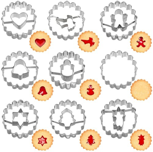 ForHome 9 Stück Weihnachten Linzer Ausstecher,Plätzchenausstecher Weihnachten,Edelstahl Keksausstecher,Mini Linzer Ausstecher, Ausstechformen für Plätzchen,Kekse und Fondant