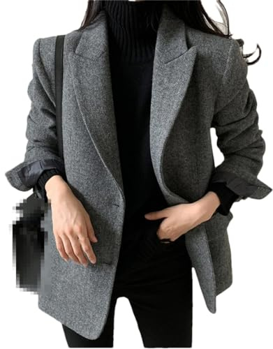 Hdhdeueh Damen Wollblazer Mantel Winter Einreiher Tasche Büro Revers Dicke Blazer Jacke, grau, One size