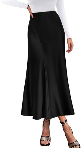 KIRUNDO Women Spring Summer Satin Maxi Skirt 2026 Trendy High Waisted Wedding Cocktail Party Work Silk A-Line Formal Skirts(Black, Large)