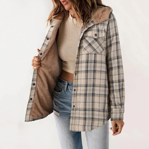 Damen Hemdjacke Flanell Warm Kariert Herbst Winter Langarm Jacke Gefüttert Plüsch Hemdjacke Karo Blusen Hemdbluse Jacket Bluse Blusen