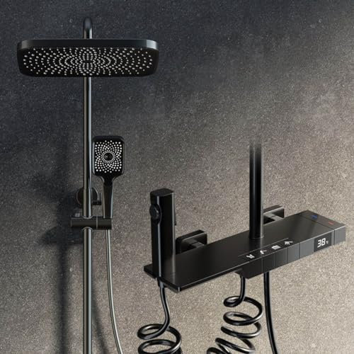 Billg Thermostat Shower System, 30x20cm Wide Top Spray Shower Mixer Set, 4 Independent Piano Keys, Temperature Digital Display, 3-mode Hand Shower, Booster Spray Gun, Hidden Waterfall Faucet, Style A