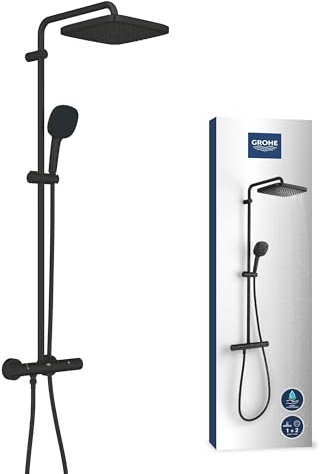 GROHE Vitalio 250, Duschsystem wassersparend 8l pro Min (Regendusche mit Thermostat, schwenkbare Kopfbrause, Sicherheitssperre bei 38°C, Duscharmatur mit Antikalk-System), schwarz, chrom, 266962431