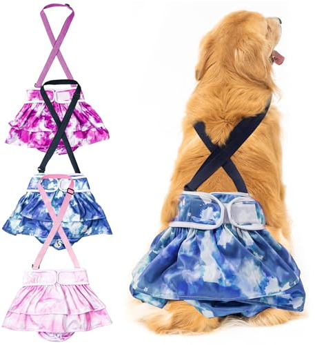 3 Pack Avont Washable Female Dog Diaper with Suspender, Reusable Girl Doggie Diapers for Small Medium Large Doggy in Heat Cycle Period Incontinence -L