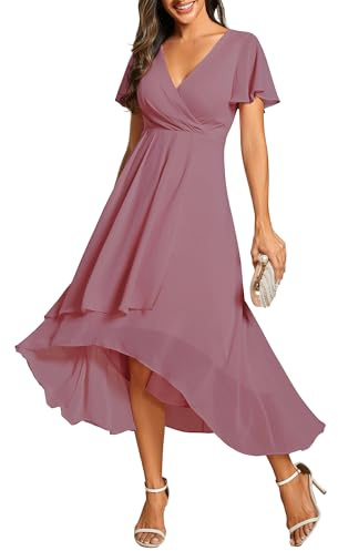 Ever-Pretty Abito da Ospite Scollo A V Maniche A Volant Gonna A Trapezio Abiti Cerimonia Donna Eleganti Orchidea 42