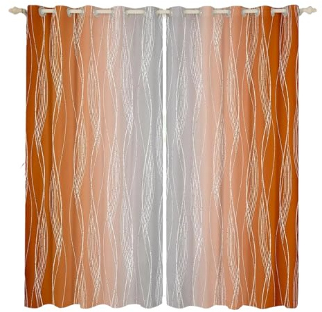 Homewish Gradient Orange and Greyish White Window Curtains, 66 W x 90 L, Abstract Burnt Orange Ombre Curtains, Geometric Striped Drapes, 2 Panels for Bedroom Decor