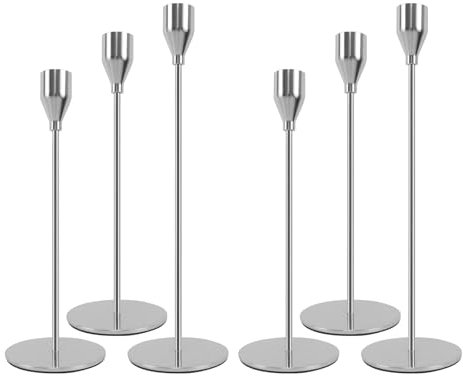 Filltown Silver Candle Holders Set of 6, Tall Taper Silver Candlestick Holders, Two Pairs of Each Size, for 3/4-Inch Pillar Candle Decorations, Mantels, Weddings, Dinner Parties, Table Centerpieces