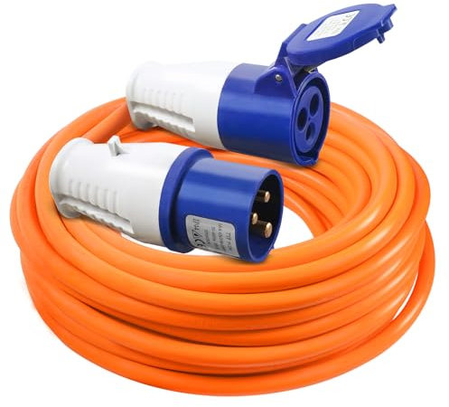 AOHEWEI Cavo di prolunga CEE da 10 M, Cavo di prolunga per collegamento elettrico per roulotte resistente, Cavo di alimentazione di rete arancione 16 A 240 V per camper, campeggio