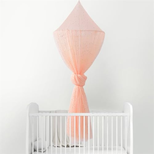Odot Betthimmel Babybett Mädchen Jungen Himmelbett Vorhänge Kinder Baldachin Kinderzimmer Rund Hängende Princess Moskitonetz für Schlafzimmer Babyzimmer Dekoration Stern-Pailletten (orange)
