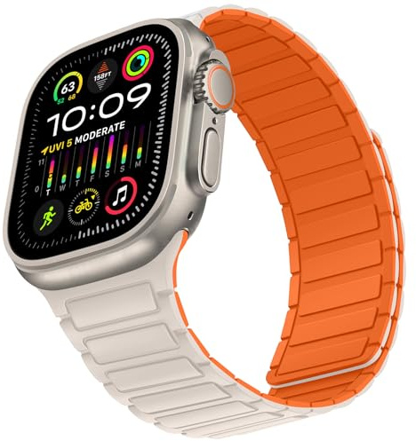Suphart Magnetic Watch Straps Compatible with Apple Watch Strap 49mm 46mm 45mm 44mm 42mm, Soft Silicone Replacement Band Designed for iWatch Ultra 2 Ultra SE Series 10 9 8 7 6 5 4, Starlight Orange