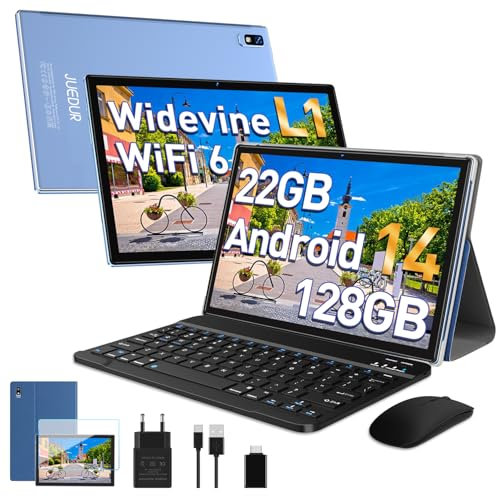 Tablette Android 14, tablette tactile, Tablette 10 Pouces, 22Go RAM 128Go ROM (1TB TF), Widevine L1|8000mAh|Octa-Core|2.0Ghz|5G WiFi 6|8MP+5MP|BT 5.0|Tablette avec Clavier, Etui et Souris, Bleu