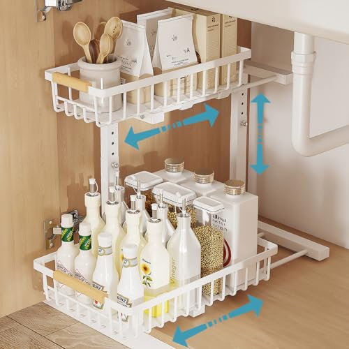 Toiatot Rangement sous Évier à 2 Étages, Organisateur sous Evier Tiroir Coulissant à Extraction, Hauteur Réglable Étagère sous Évier pour Cuisine, Salle de Bain (Blanc)