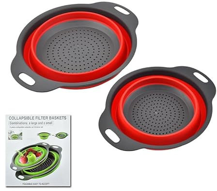 SANHIGHEND Lot de 2 passoire de cuisine pliable en silicone avec poignée, écologique, facile à nettoyer, peu encombrant, pliable, pour pâtes, fruits, légumes, 2 tailles (rouge)